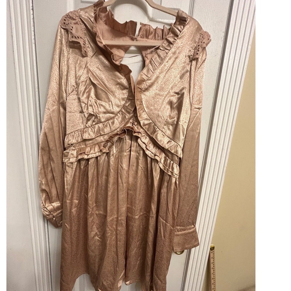 Rosevelvet Rose Gold Satin Jacquard Ruffle Open Back Mini Dress Plus Size 3X